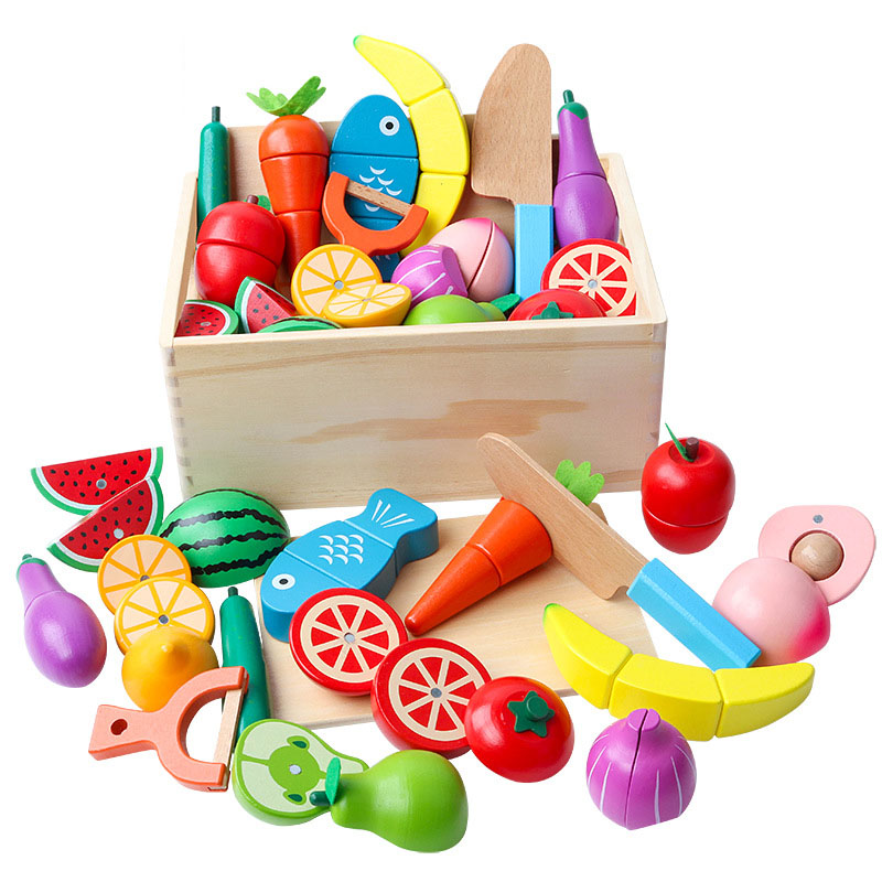 Baby Montessori Wooden Toy Cutting Fruit Vegetable Play Miniature Food Kids Wooden Baby Early Education Real Life Kitchen Toys (باللغة الإنجليزية)